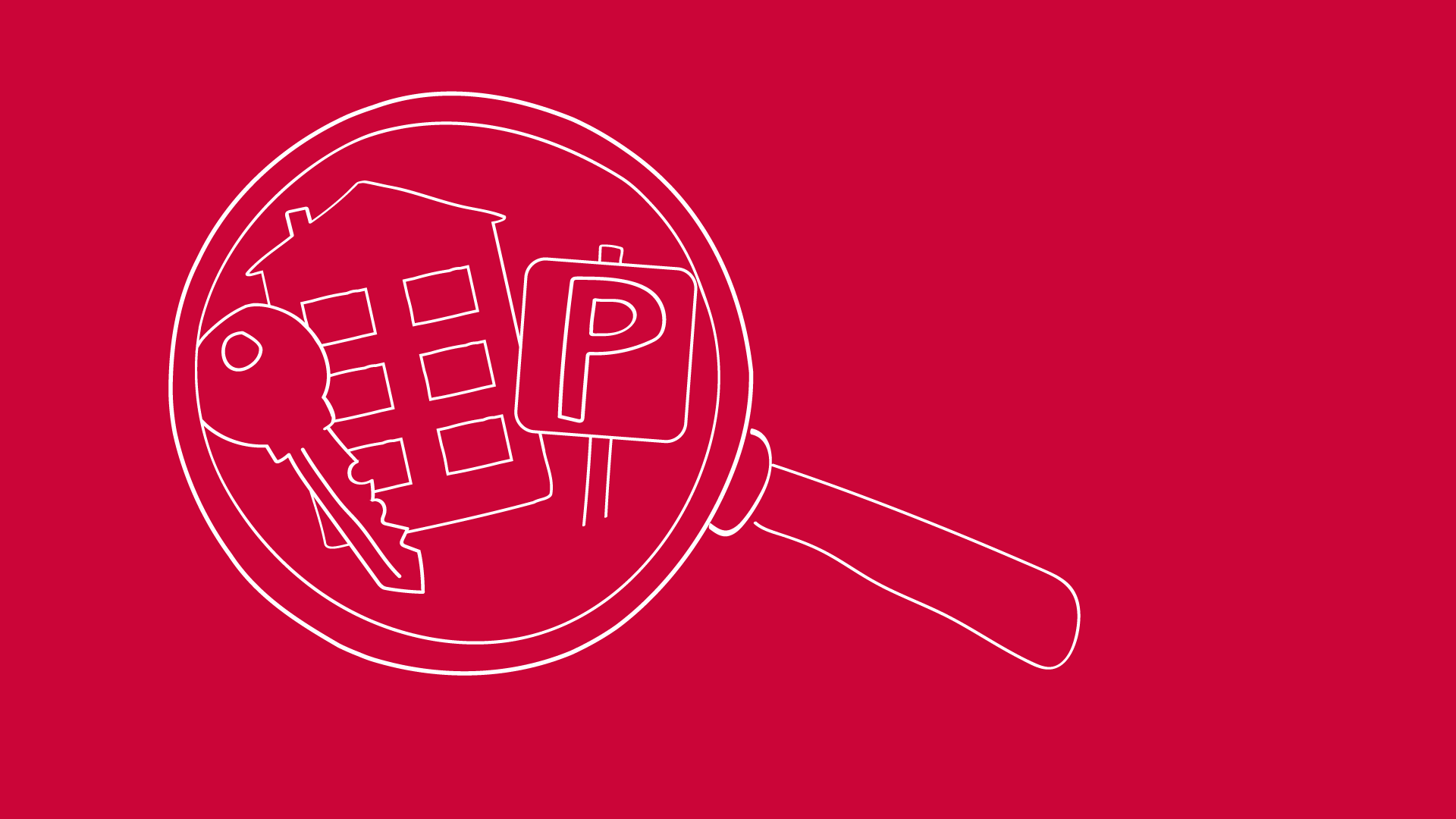 Illustration av ett förstoringsglas med en nyckel, ett hus och en parkeringsskylt.