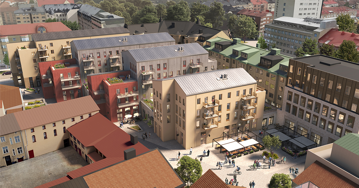 Skissbild över kvarteret Hållstugan från ovan med flera nya hus och ett nytt torg.